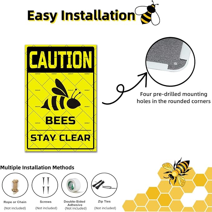 EMOHAT Caution Bees Stay Clear Metal Tin Sign, Farmhouse Retro Wall Decor for Outdoor Bees Premises,16x12 Inch Funny Warning Sign for Farm Cafe People Cave