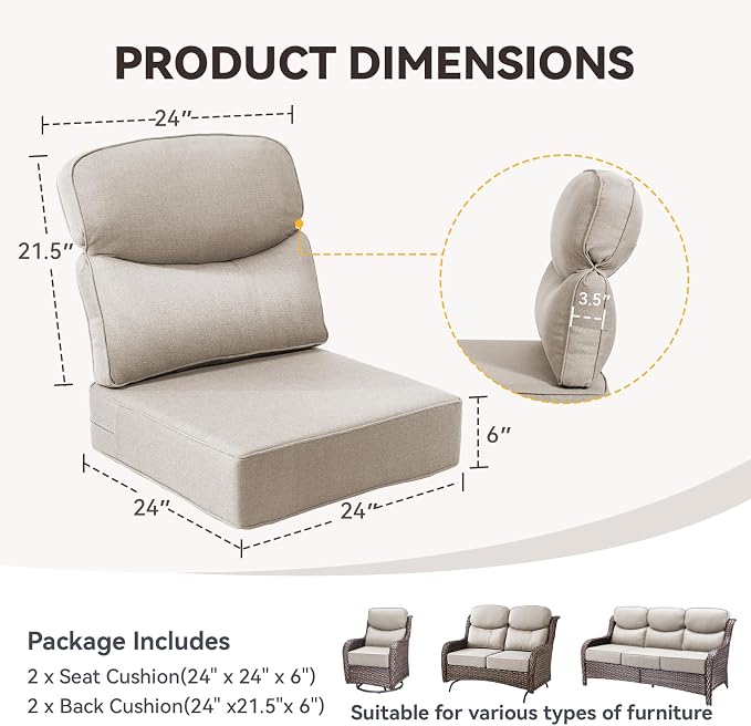 Outdoor Cushion Set for Patio Furniture, UV Resistant, Water Resistant - 6 Inch Thick Dual Layer Back Support Cushions– 24x24 Inch Patio Seat Covers for Chair/Sofa/Couch | Beige | 2-Pack |