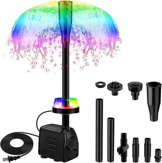 15W 800L/H Submersible Fountain Pump with LED Lights, Adjustable Quiet Water Pump, Pond Fountain Pumps for Water Feature, Garden, Aquarium Fish Tank, Indoor Outdoor Fountain with 3 Type Nozzles