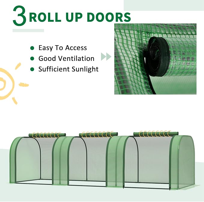 Outsunny 10' x 3' x 2.5' Mini Greenhouse, Portable Tunnel Green House with Roll-Up Zippered Doors, UV Waterproof Cover, Steel Frame, Green