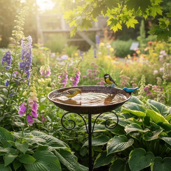 Metal Bird Bath for Outdoor,10" Wide Standing Frees Birdfeeder with Metal Stake,Vintage Bird Baths Feeder Bowl for Outdoors Garden Patio Yard Lawn Decor (Antique Bronze)