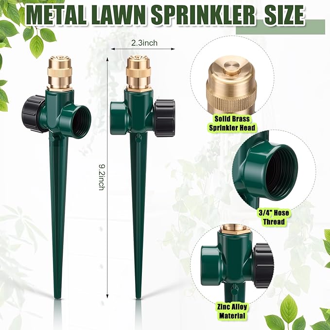 Tioncy 4 Pack Metal Lawn Sprinkler Automatic Garden Water Sprinkler on Spike Base 360 Degree Rotation with Adjustable Brass Nozzle for Lawn Garden Yard(Green)
