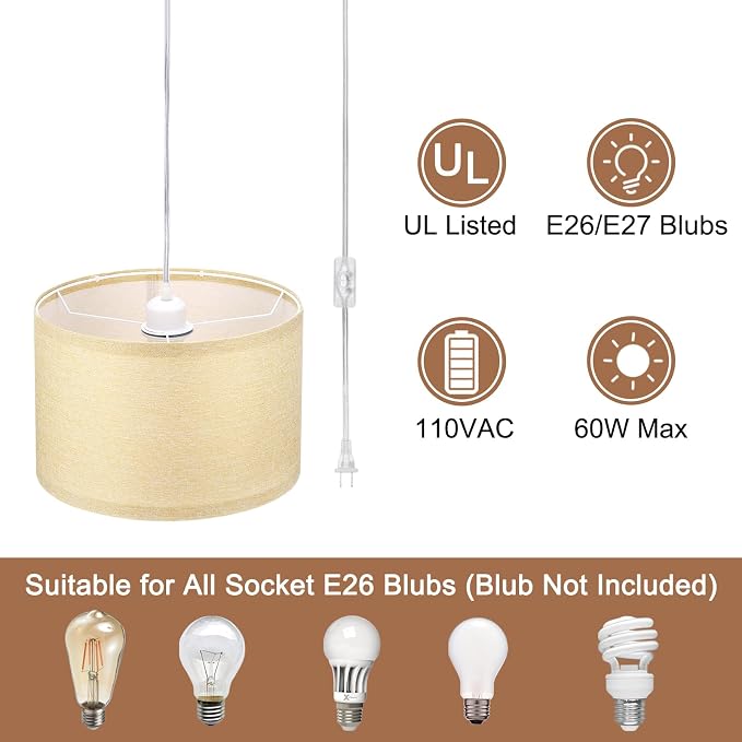 PATIKIL Plug in Pendant Light, 15Ft Rope Cord Hanging Lamp Fixture with ON/Off Switch, Linen Fabric Shade E26/E27 Bulb Socket for Bedroom Kitchen Living Room, Linen