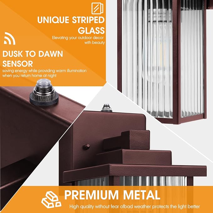 2 Pack of 13 Inch Oil-Rubbed Bronze Outdoor Wall Lights, Dusk to Dawn Exterior Light Fixture, IP65 Waterproof Rust-Resistant Metal & Textured Glass Wall Mount Sconce for Porch Garage Entryway
