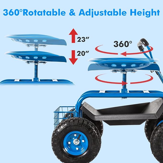KINTNESS Garden Cart with Rolling Work Seat Tool Tray and Storage Basket on Wheels Heavy Duty Garden Scooter Gardening Planting (Blue)
