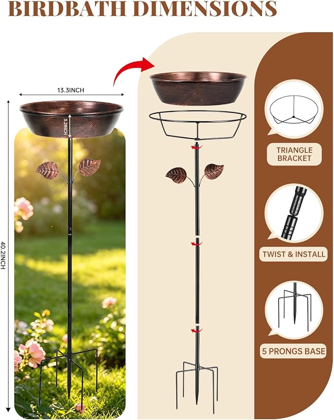 Breeze Touch Metal Bird Bath for Outside, 40.2" Garden Bird Bath, Free Standing Bird Feeder with 5 Prongs Base Stake, Vintage Freestanding Birdbaths & Birdfeeder for Yard Lawn Decor(Bronze)