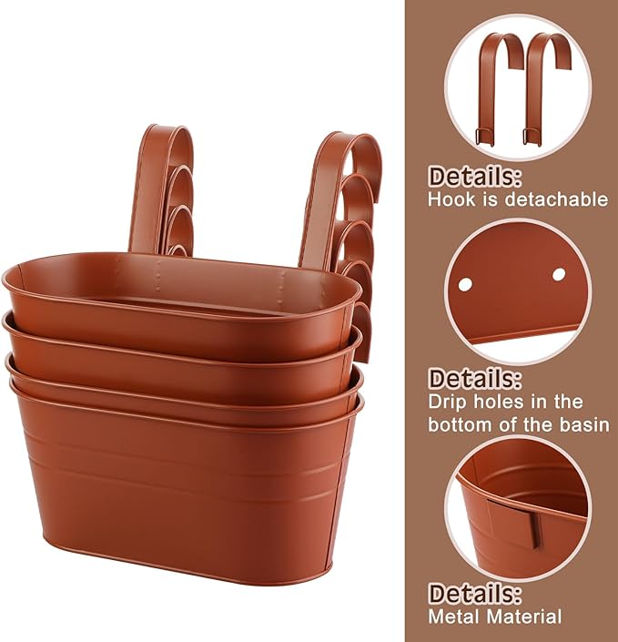 Hicarer Metal Hanging Flower Pots for Railing Fence, Large Hanging Rail Planters for Outdoor Window Balcony Plants Holder with Hooks for Garden Yard Home Decor(Brown,4 Pcs)