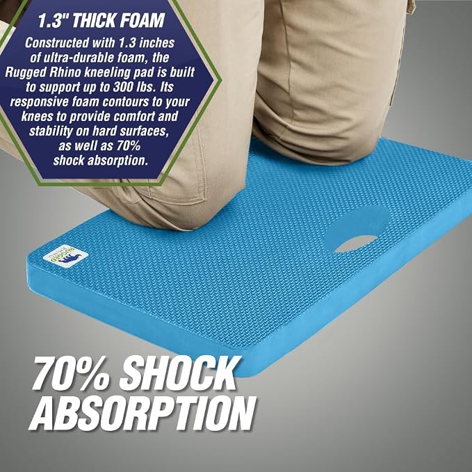 RUGGED RHINO Heavy Duty Patent Pending Kneeling Pad, Shock Absorbent Thick Knee Pads, Holds Up to 300 lbs, Protect Knees from Hard Concrete Surfaces, For Mechanics, Yard Gardening, Gym, Bright Blue
