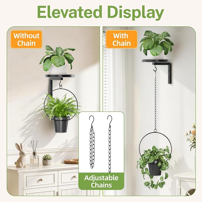 iDavosic.ly Wall Plant Holder Set of 2 for Outdoor with 2 Hanging Planters, Metal Hanger with 2 Hooks, Floating Flower Display Stand for Window, Space Saving & Easy to Assemble