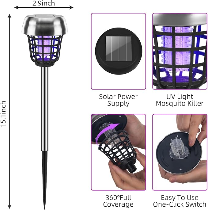 2026 Solar Bug Zapper Outdoor Waterproof Mosquito Repellent Outdoor Patio Mosquito Trap & Killer for Backyard, Farm, Garden, Solar Powered Fly Zapper for Small Flying Insect, Flies, Moths, Gnats(4)