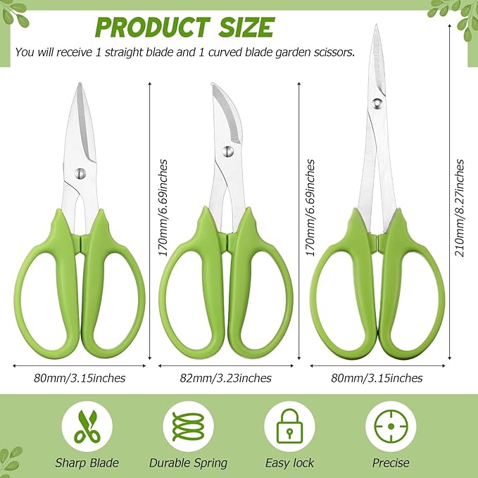 3 Pcs Garden Scissors Shears Trimming Scissors Pruning Floral Shears for Herb Flowers Plants with Straight and Curved Blade for Gardening (Curved,Straght,Bud)