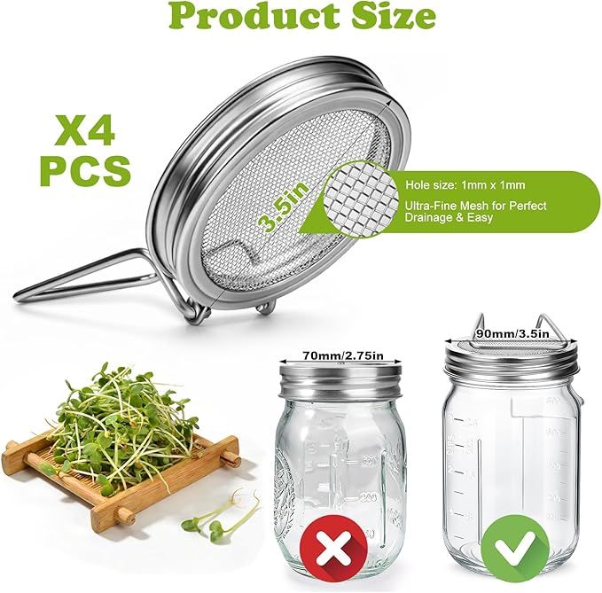Palksky Sprouting Lids for Wide Mouth Mason Jars, 4Pack Reusable Stainless Steel Screen Bean Sprouts Growing Lid for Organic Alfalfa Broccoli Seeds Mung Bean Plant Germination Kits