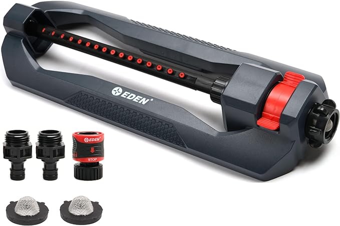 Eden 96213EDAMZ Weighted Essential Oscillating Sprinkler | Covers Up to 3,600 sq. ft., 16 Precision Nozzles, Adjustable Range, Turbo Drive Motor, Quick Connect Bundle, Stainless Steel Filters, Black