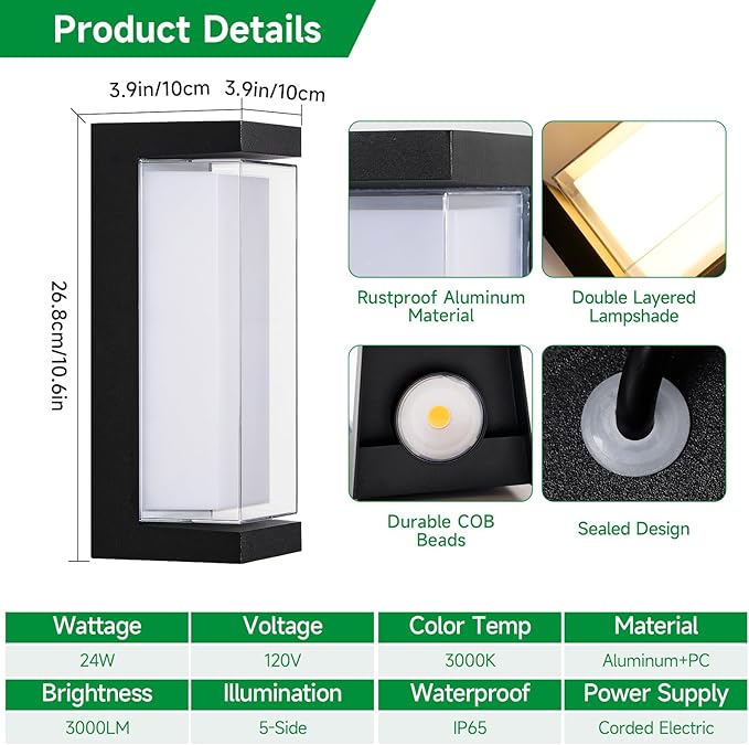 Modern Outdoor Wall Lights 24W LED Exterior Wall Sconces Light Fixtures, Black Aluminum Wall Mount, 3000LM 3000K Porch Lights with Double Lampshades, IP65 Waterproof for Garage Patio Entryway