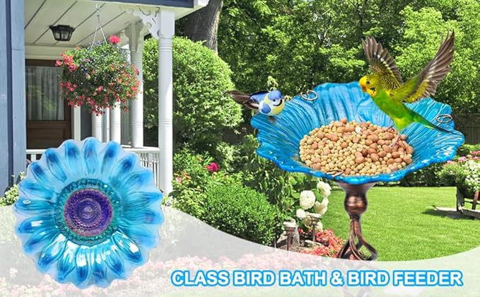 Homight Solar Glass Blue Bird Bath, Yard Art，Garden Outdoor Birdbath with Metal Stake with White LED Light Metal Stake Garden Decor Gift