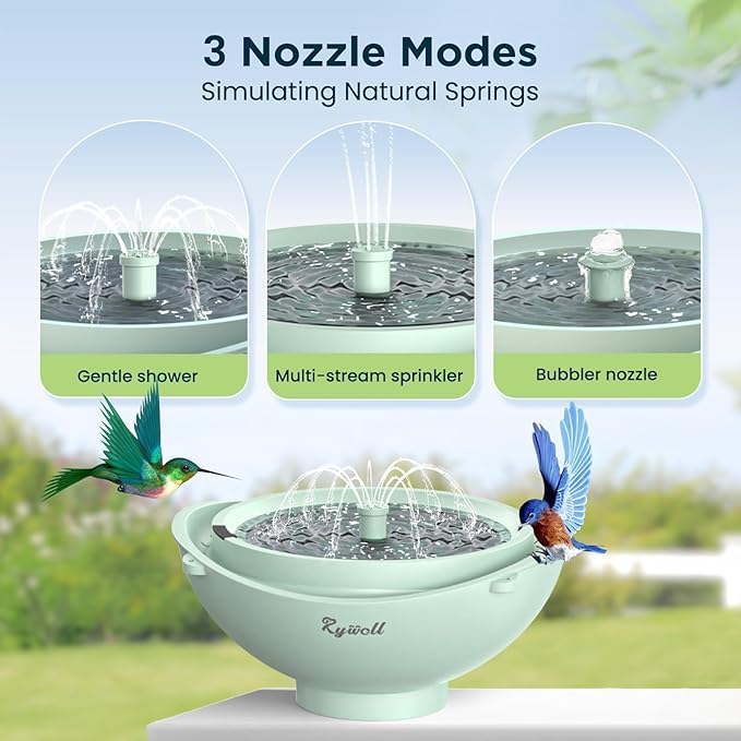Rywell 4" Extra Deep Hanging Bird Bath, Solar Bird Bath Fountain with 3 Spray Modes - 2L Large Capacity, Quiet Pump with Filter & Auto Shut-Off for Outdoor Garden Yard Decor