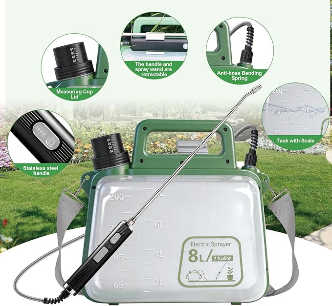 2 Gallon Electric Garden Sprayer, 7.4V Battery Powered Sprayer with USB Rechargeable Handle, Telescopic Wand, 4 Adjustable Nozzles, Battery Indicator, Shoulder Strap for Lawn, Plant Watering & Yard