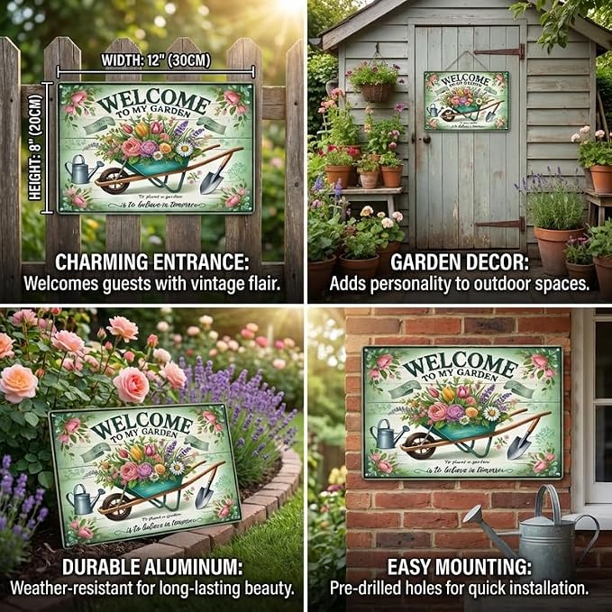 Gardening Gifts for Women, Welcome to My Garden Sign, Vintage Decorative Metal Decor for Outside, Tin Signs for Yard Wall, Outdoor Gardening Gift, 8x12 Inch
