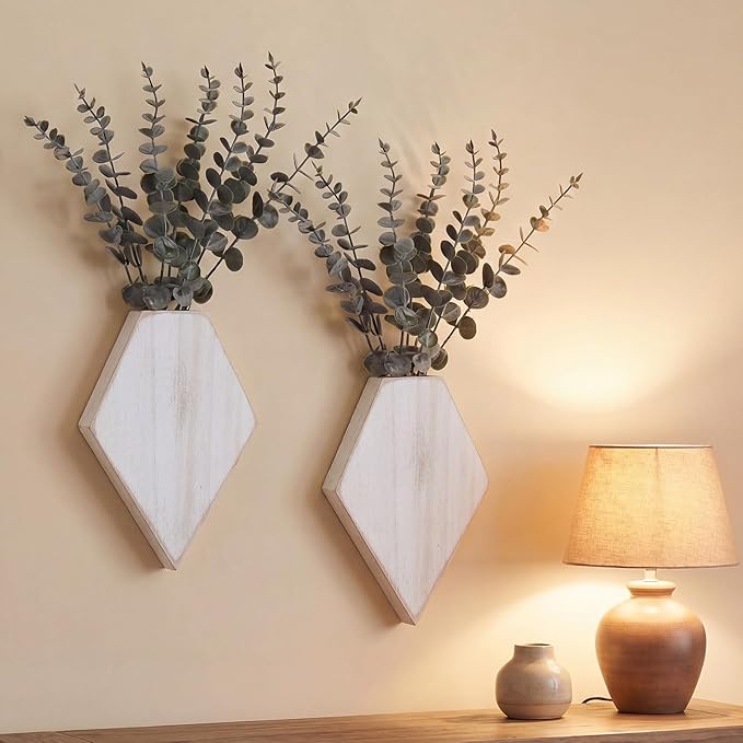Chunful 2 Pcs Wooden Wall Planter Decor Hanging Fake Plants Greenery Flowers Holder Vase Boxes for Wall Bohemian Farmhouse Room Kitchen Office Indoor Decoration(Retro White,7.1 x 4.7 x 1.2 Inches)