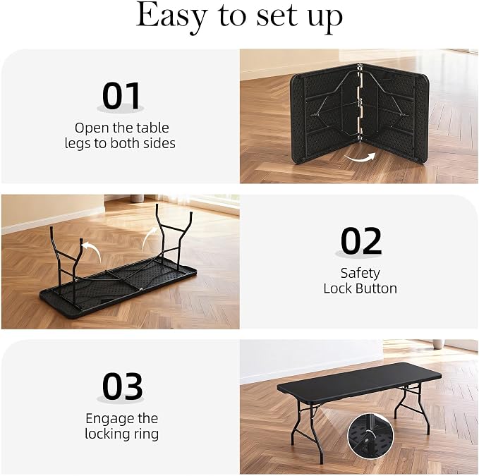 6FT Folding Table with Carrying Handle: Upgrade Thickened Heavy Duty Portable Foldable Table | Perfect Plastic Tables for Party, Dining, Wedding, Events, Picnic Indoor, Outdoor, Camping, Utility Black