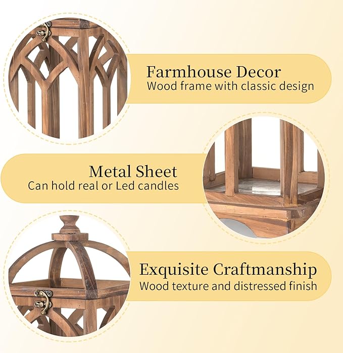 Romadedi Farmhouse Candle Lantern Wooden - 12" / 16" Set of 2 Decorative Rustic Wood Candle Holder Home Decor Decoration Wedding Table Centerpiece, Brown