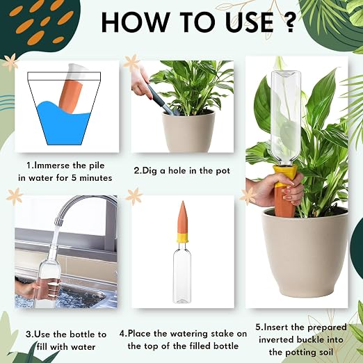 Ziliny 12 Pack Terracotta Watering Spikes Devices, Plant Self Watering Spikes with 25 oz Plastic Wine Bottles, Slow Release Vacation Insert Plant Waterer Devices for Indoor Outdoor