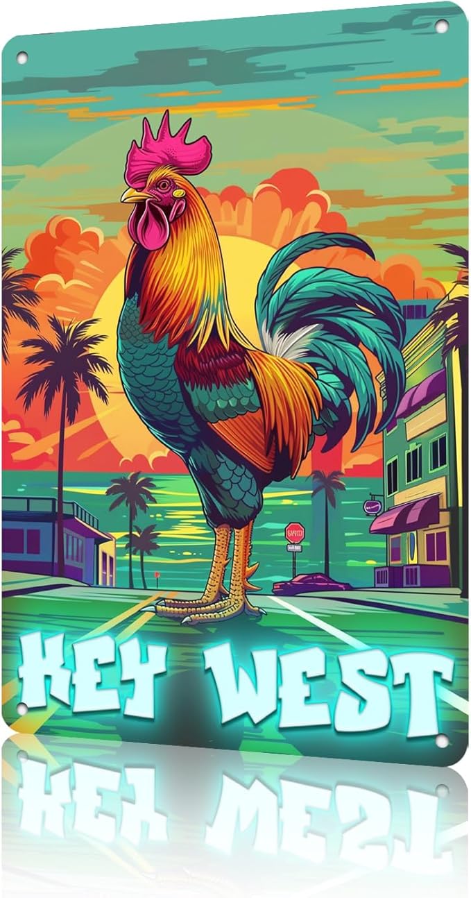 Chicken Key West Florida Retro Tin Signs Vintage Wall Decoration Metal Poster Home Kitchen Bedroom Bar Sign Decoration Posters Tin Sign Halloween Thanksgiving Gift 12 * 8in