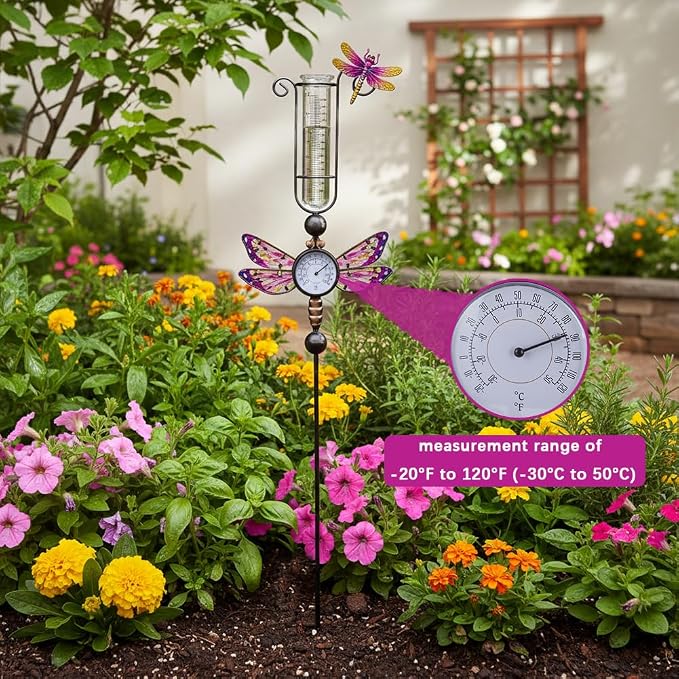 Rain Gauge Outdoor with 7 Inch Tube, Rain Gauges with Thermometer Waterproof Measure Gauge Decor for Yard, Garden, Lawn(Dragonfly)