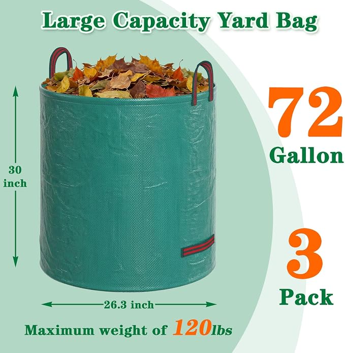 FEED GARDEN 72 Gallon Reusable Yard Waste Bags, 3 Pack Heavy Duty Garden Waste Bags with Plastic Ring, Stand Upright Lawn & Leaf Bags with 4 Reinforced Handles, Includes Gardening Gloves