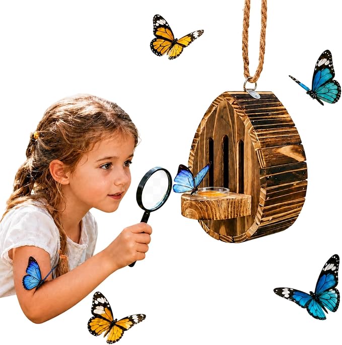 Butterfly House for Outside, Wooden Butterfly Habitat & Feeder for Butterflies, Moths and Lacewings, Hanging Butterfly Houses for the Garden, Teardrop Nesting Box Garden Decor with Rope (1pcs)