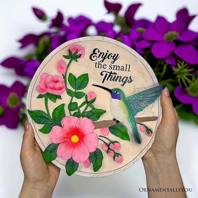 OrnamentallyYou Elegant Resin Stepping Stone, Outdoor Garden Pathway Decoration (Enjoy The Small Things Hummingbird Stepping Stone, 9.5" Decorative Garden Appreciation Gift)