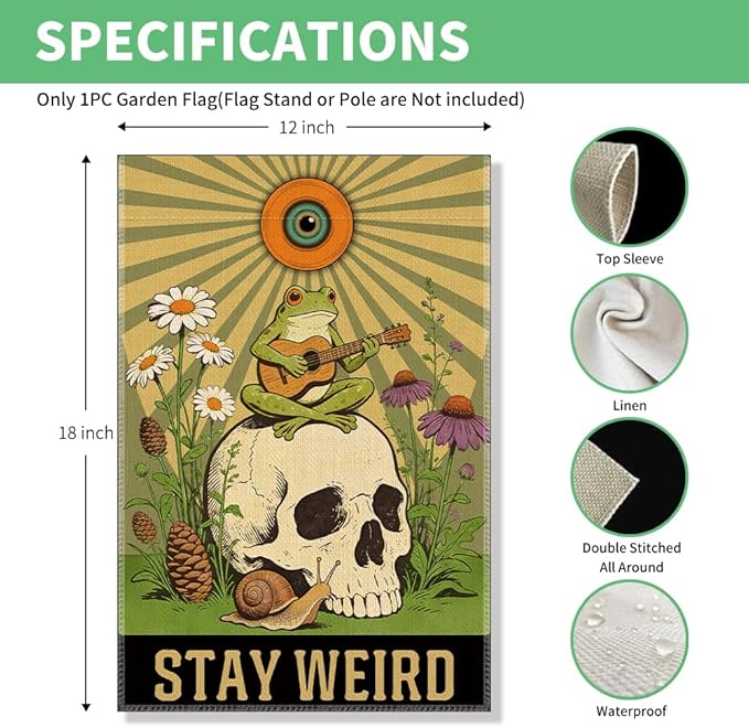 Perfectinsoy Stay Weird Funny Garden Flag, Boho Skull Frog Flags, Inclusion Human Rights Yard Banner, Community Progress Welcome Yard Farmhouse Patio Lawn Spring Summer Outdoor Decor