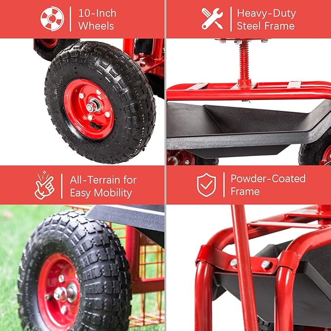 Garden Cart Rolling Work Seat 4-Wheel Mobile Patio Wagon Scooter for Planting, Adjustable Handle 360 Degree Swivel Seat, Red