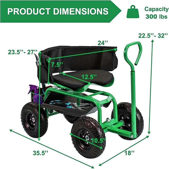 THUNDERBAY Garden Cart Rolling Workseat with Wheels, 360 Degree Swivel Seat, Wagon Scooter with Steering Handle & Utility Tool Tray for Planting, with Storage Basket and Tool Pouch, Green