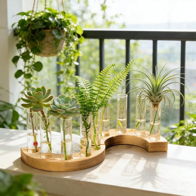 Melphoe Glass Bud Vases Small Flower Vase for Centerpieces Wedding Table Decorations, Home Decor, Propagation Station Plant Terrarium with Wooden Stand, Unique Plant Lover Gifts for Women (Brown)