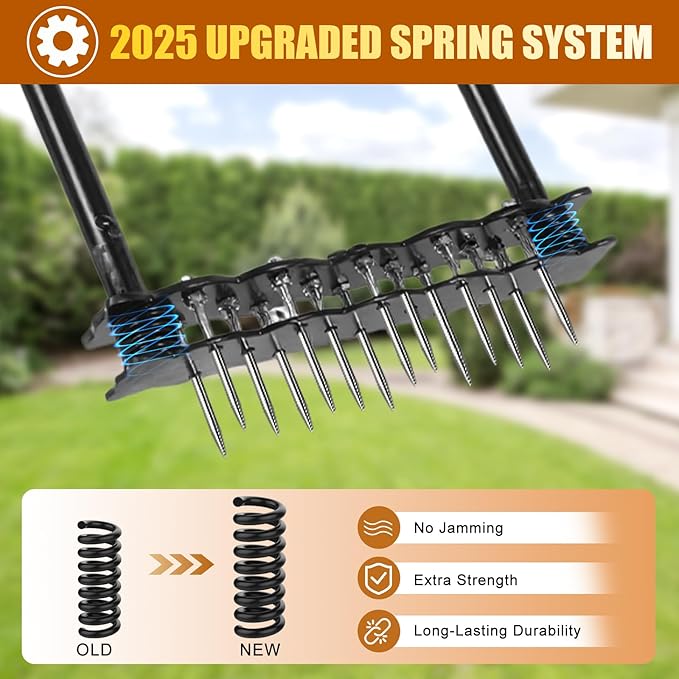 Lawn Aerator Tool with 14 Metal Spikes – Manual Yard Aerator with Spring Base & Auto Leaf Cleaning for Soil Aeration, Lawn Care, Grass Health – Heavy Duty Aerator for Garden, Backyard, Patio