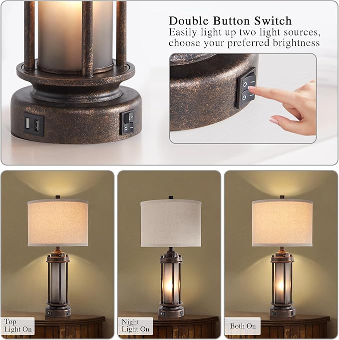 AIEAMPDO 25" Farmhouse Lamps for Living Room with 2 USB C+A Ports | Rustic Vintage Design, Frosted Glass Nightlight, Bulbs Included, Retro Desk Lamp