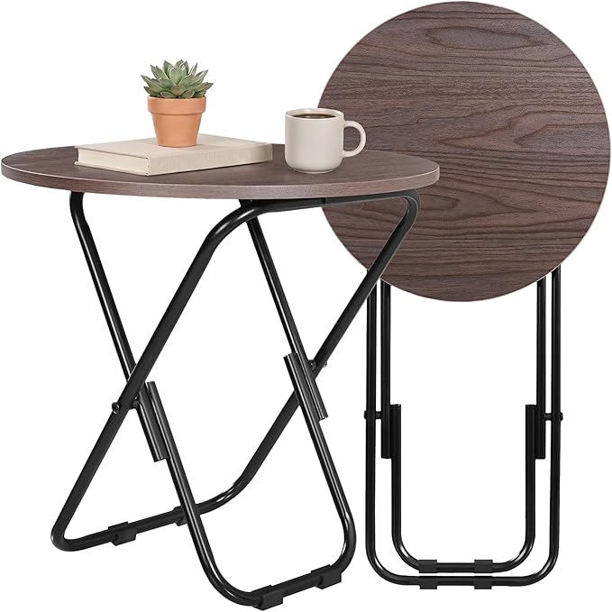 VECELO Patio Outdoor Side Table Set of 2,17.7 inch Small Folding Table Round Waterproof Wood Table,Foldable Anti-Rust Metal Legs Snack Desk for Garden Balcony,Yard,Living Room