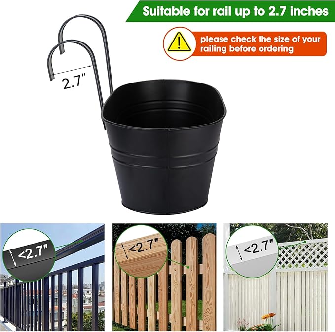 OGIMA Railing Planter Box, 3 Pack 16" Large Hanging Planters for Outdoor Plants with Detachable Wide Hooks for 2.7'' Railings, Balcony Planters Railing Hanging for Deck, Fence & Patio Decor