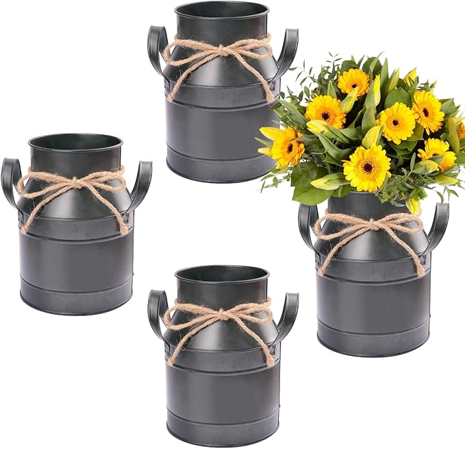 4 Packs 6 inch Milk Can Rustic Vases, Milk Can Farmhouse Vases for Home Decor with Galvanized Finish, Perfect Rustic Flower Vase for Table Centerpieces, Kitchen & Living Room Décor