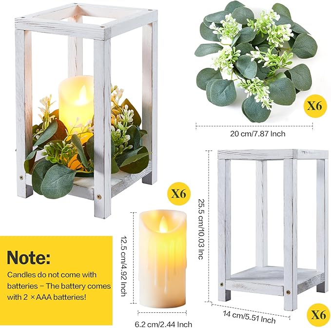 18 Pcs /6 Set Wooden Wedding Lantern Centerpiece-Wooden Candle Lantern Bulk Includes 6 Farmhouse Wooden Candle Holder 6 Flameless LED Candles 6 Eucalyptus Leaves Wreath for Decoration