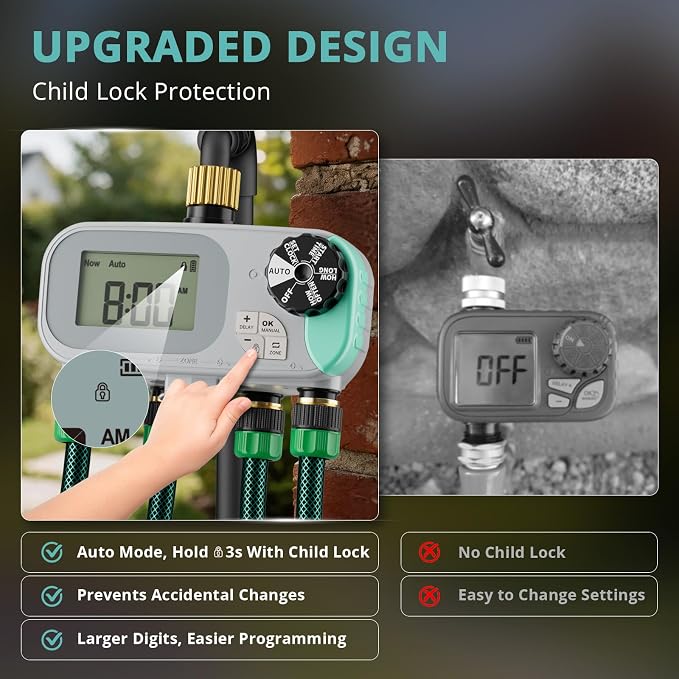 QUOBAS Sprinkler Timer for Garden Hose with Child Lock, Programmable Brass Digital Water Timer 4 Zone for Drip Irrigation, Pool, with Rain Delay/Auto/Manual, Waterproof Screen & Battery Powered