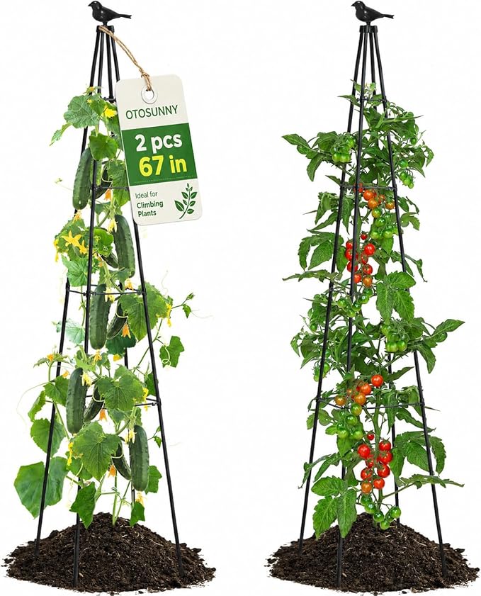 OTOSUNNY Garden Obelisk Trellis for Climbing Plants Outdoor, 67" Tall Tomato Cage Cucumber Trellis for Raised Garden Bed, Metal Climbing Plants Support for Vine Flower Vegetable Peas Bean, 2 Pack