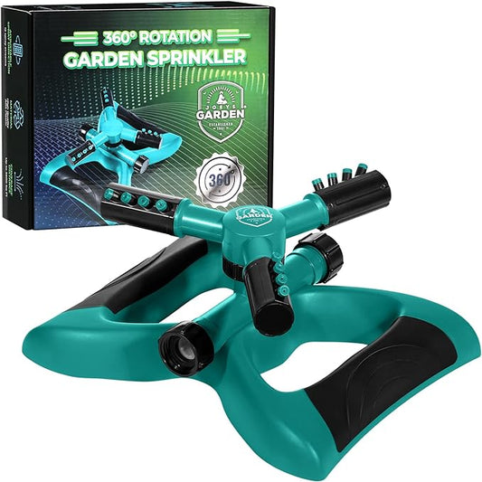 Joeys Sprinkler for Yard, Rotating Garden Sprinkler with 3 Adjustable Arms, Weighted Base, Expandable Connection, Lawn and Yard Sprinklers (Green)