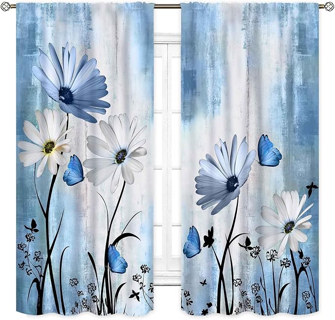Blue White Daisy Curtains, Farmhouse Modern Flower Retro Floral Spring Butterfly Rural Country Style Window Curtains for Living Room Bedroom Kitchen Bathroom 2 Panels, 42"x63" Inch