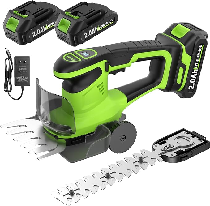 FULLYEA Cordless Hedge Trimmer, 2-in-1 Electric Bush Trimmer & Grass Shear, Lightweight Hedge Cutter with 2 * 2.0Ah Batteries & Charger, Battery Powered Grass Trimmer, Handheld Shrub Trimmer (Green)