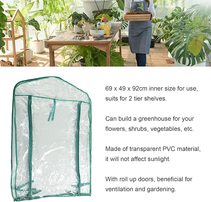 2-Tier Greenhouse Replacement Cover Clear PVC Plant Greenhouse Cover with Roll-Up Zipper Door - 27" L x 19" W x 36" H
