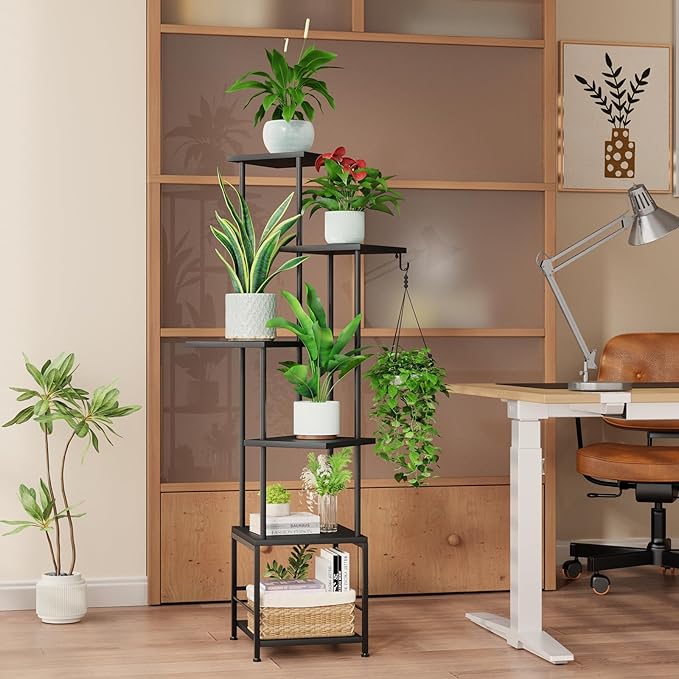 Homsorout Plant Stand Indoor with Grow Light - 6-Tier Metal Plant Shelf with Hanging Basket Hook, Corner Tall Flower Holder for Multiple Plants, Living Room Balcony Garden Patio, Black