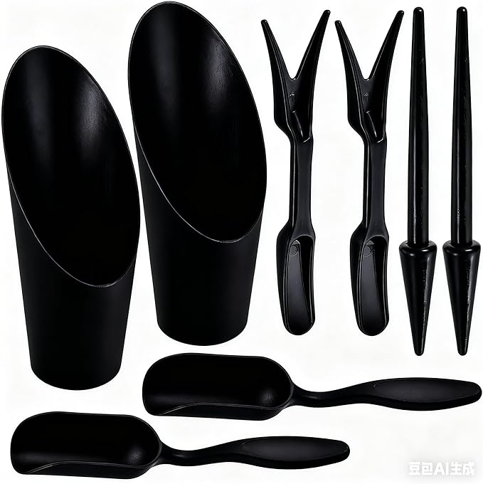 8Pcs Set Mini Garden Shovel Hand Tools Transplanting Potting Tool Set Indoor Soil Spoon Scoop Plastic Kits (Black-8pcs Set)