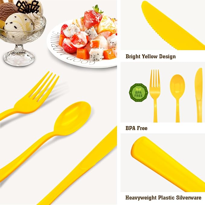 50 Pcs Yellow Plastic Forks Yellow Plastic Silverware Heavy Duty Plastic Cutlery Set Disposable Include 50 Plastic Forks for Birthday, Wedding, Easter, Garden Party